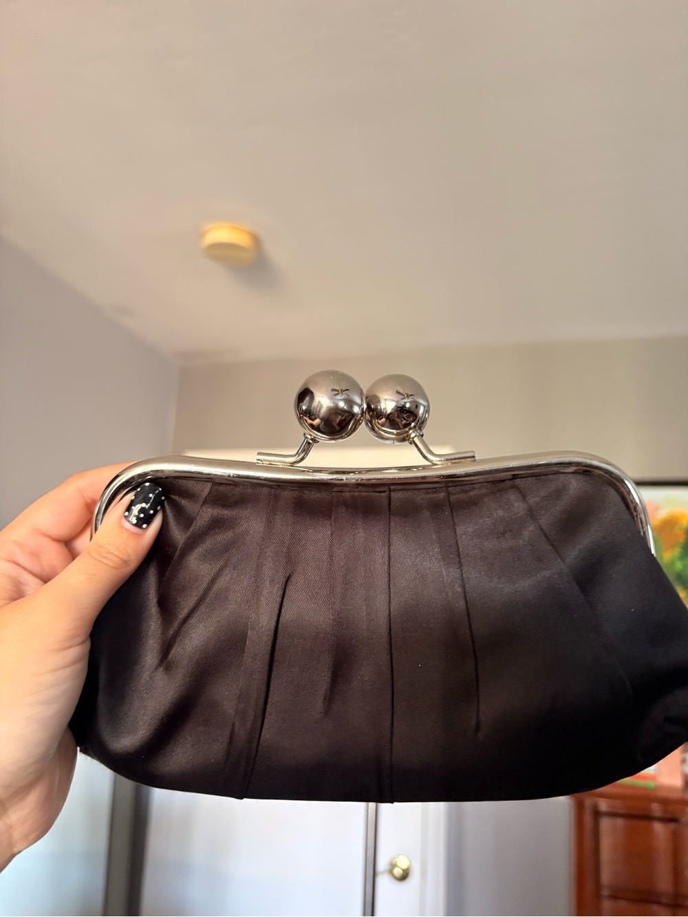 VINTAGE Classic Black Satin Kiss-Lock Evening Clutch Silver Accents